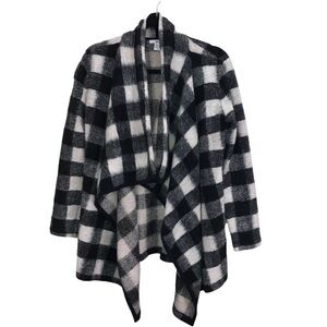 BAR III Black & White Wool Blend Buffalo Plaid Print Open Cardigan Shawl…